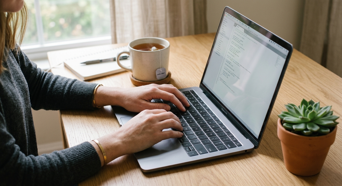 Mãos digitando em um teclado de notebook, em uma mesa minimalista com xícara de chá e planta, indicando trabalho consistente.