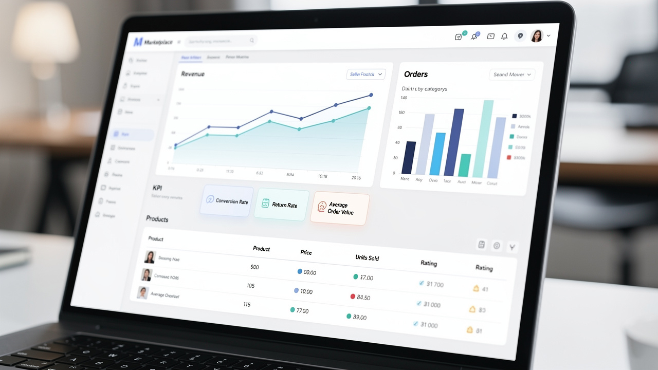 Tela de painel do vendedor com métricas de desempenho em marketplace digital