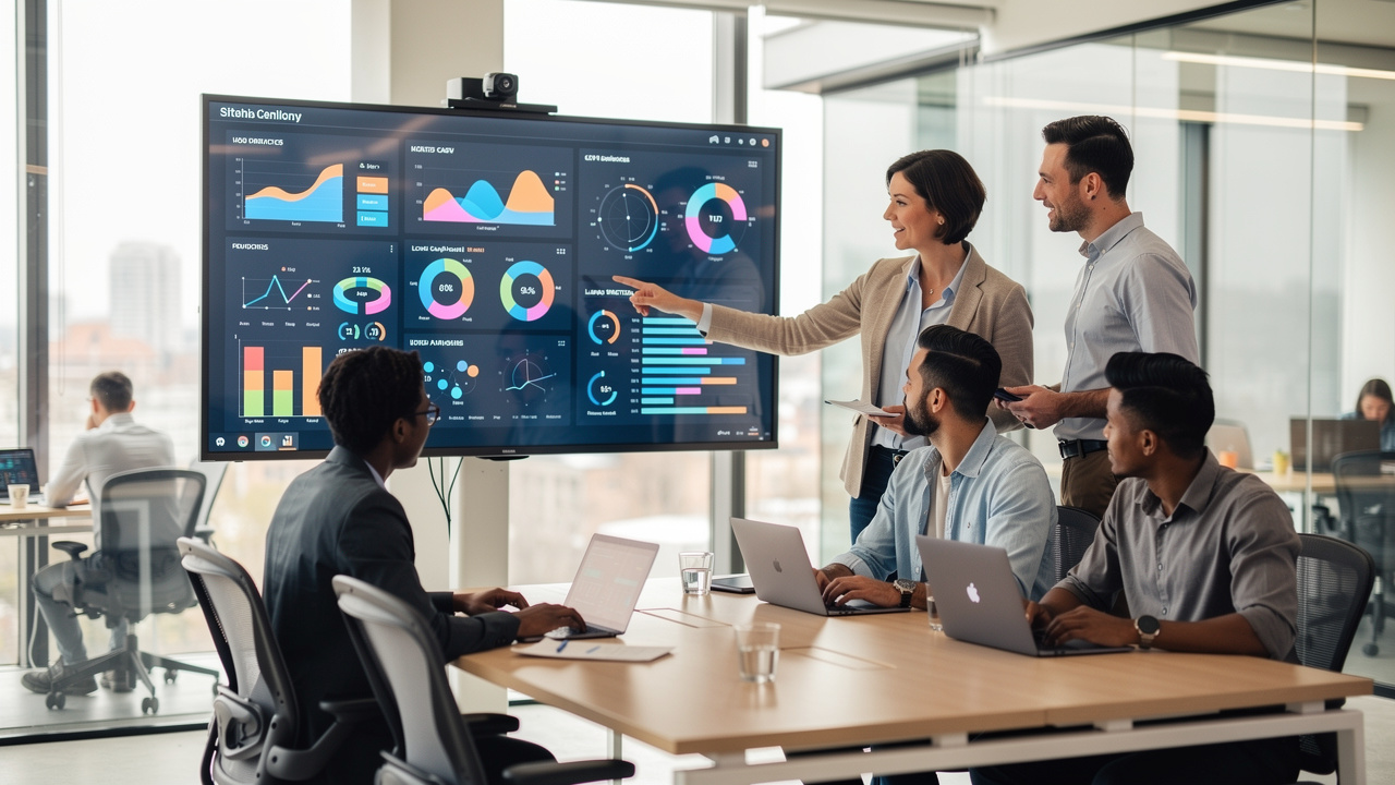 Equipe de negócios usando software com inteligência artificial em escritório moderno e colaborativo