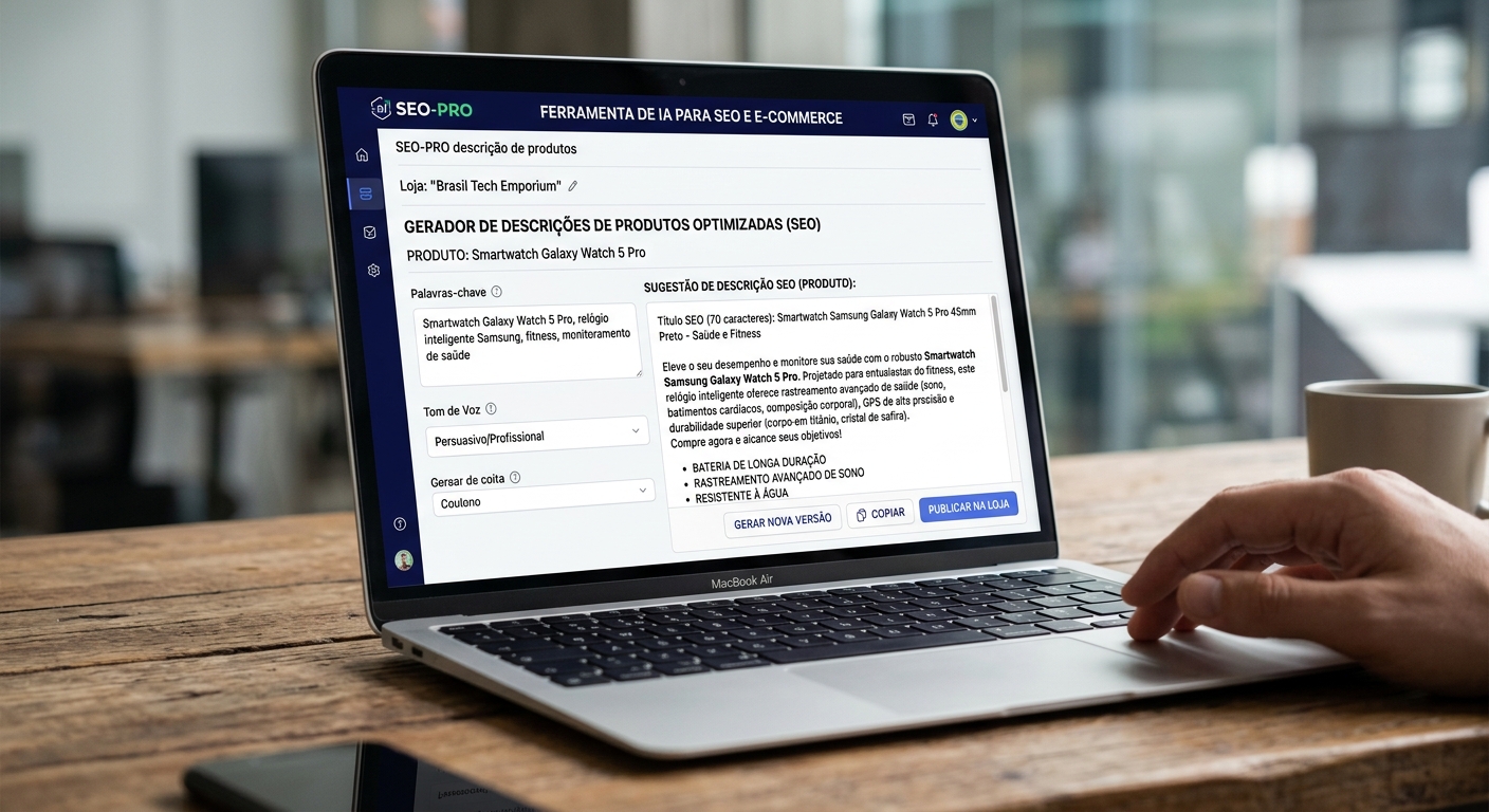 Tela de notebook mostrando uma ferramenta de IA gerando descrições de produtos otimizadas para SEO de uma loja online.