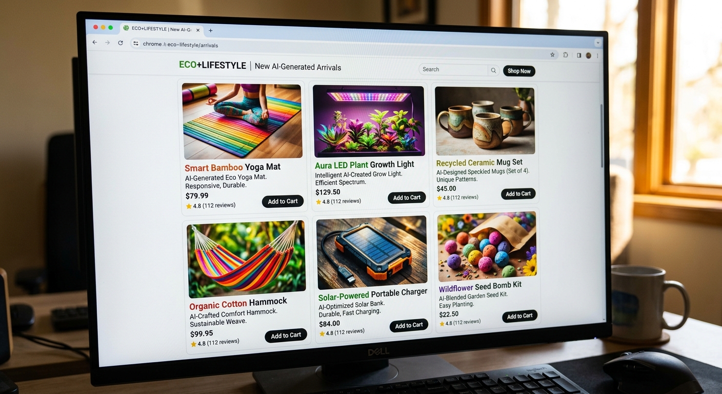 Tela de computador exibindo listagens de produtos geradas por inteligência artificial para loja online