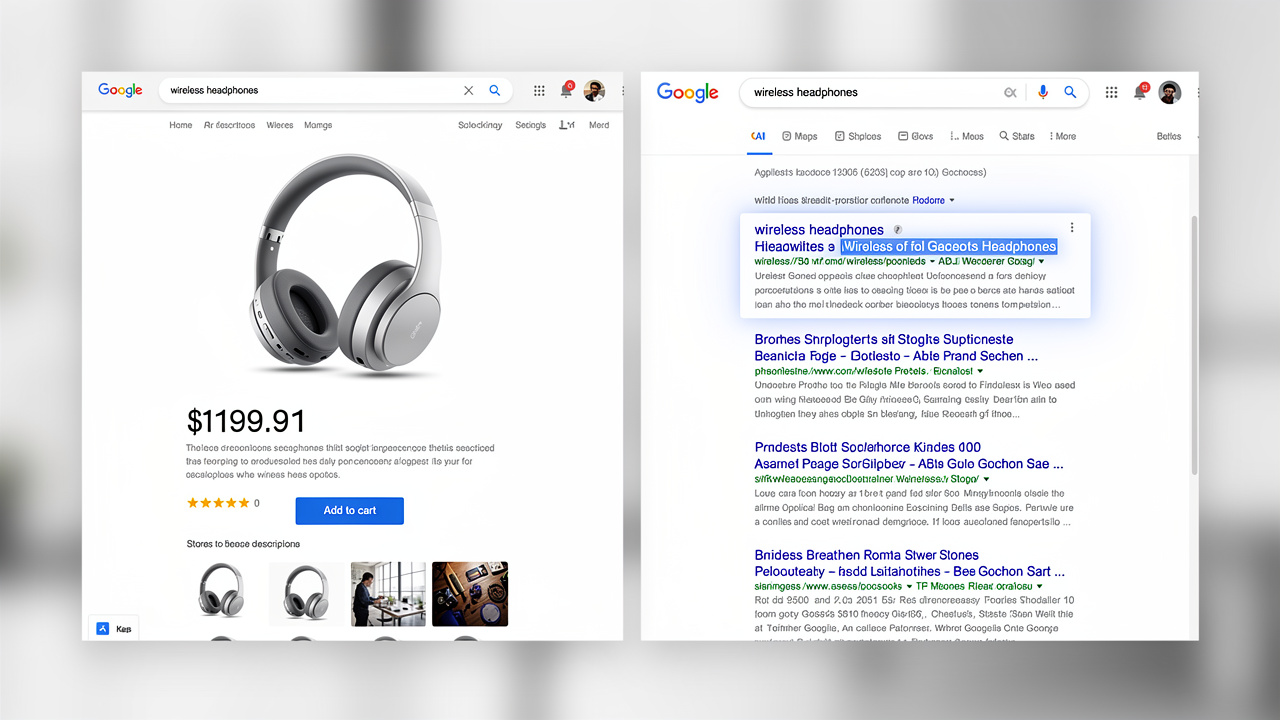 Tela dividida mostrando a página de um produto em uma loja e o bom ranqueamento dele no Google