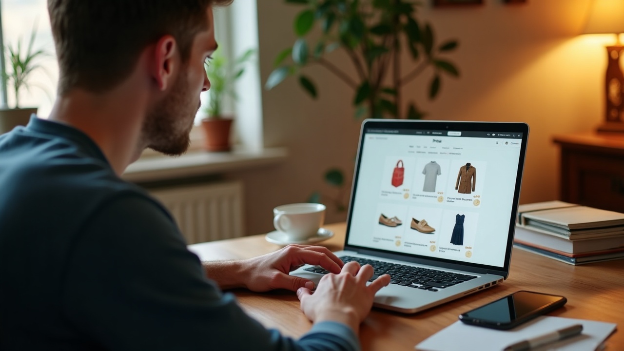 Empreendedor otimizando a descrição de um produto em sua loja virtual em um notebook em casa