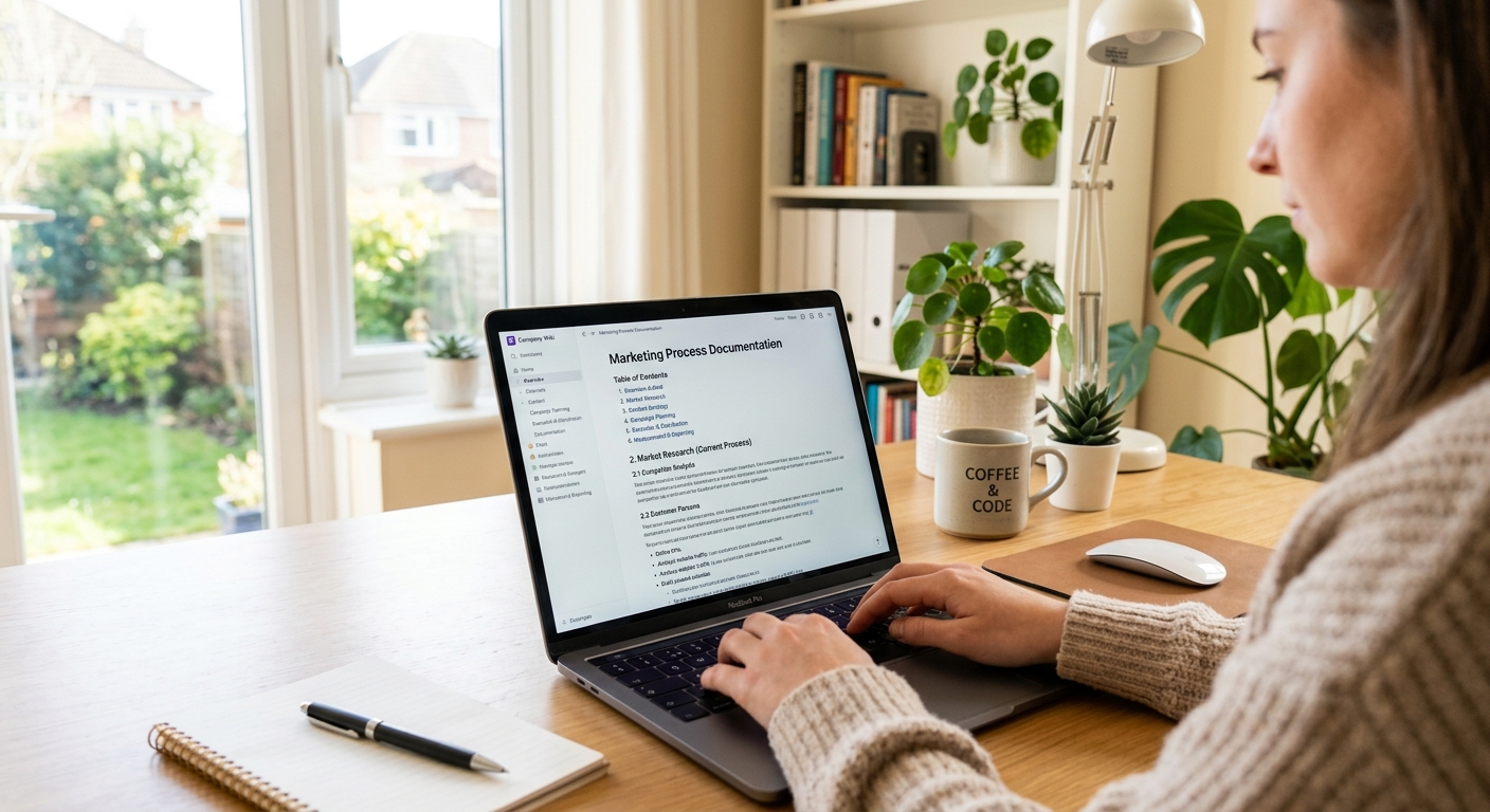 Tela de notebook exibindo wiki interno com documentação de processos de marketing organizada