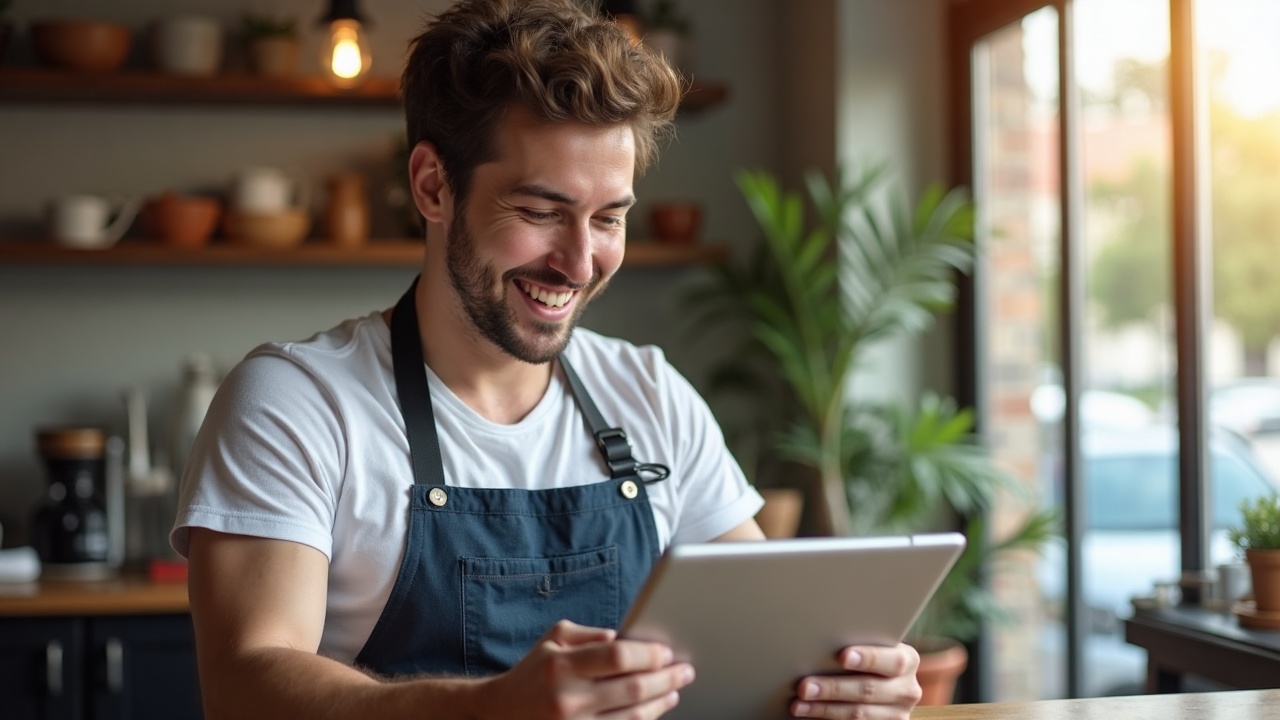 Empreendedora sorrindo enquanto atualiza o perfil de sua empresa no Google em um tablet dentro da loja