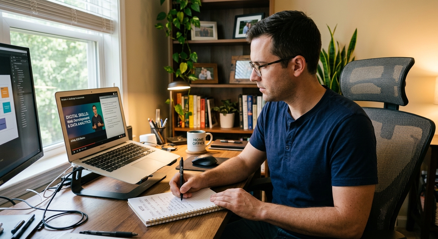 Homem assistindo a um curso online de habilidades digitais, anotando, em ambiente de home office