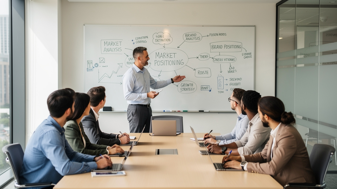Equipe de agência ouvindo cliente apresentar desafios do negócio em sala de reunião