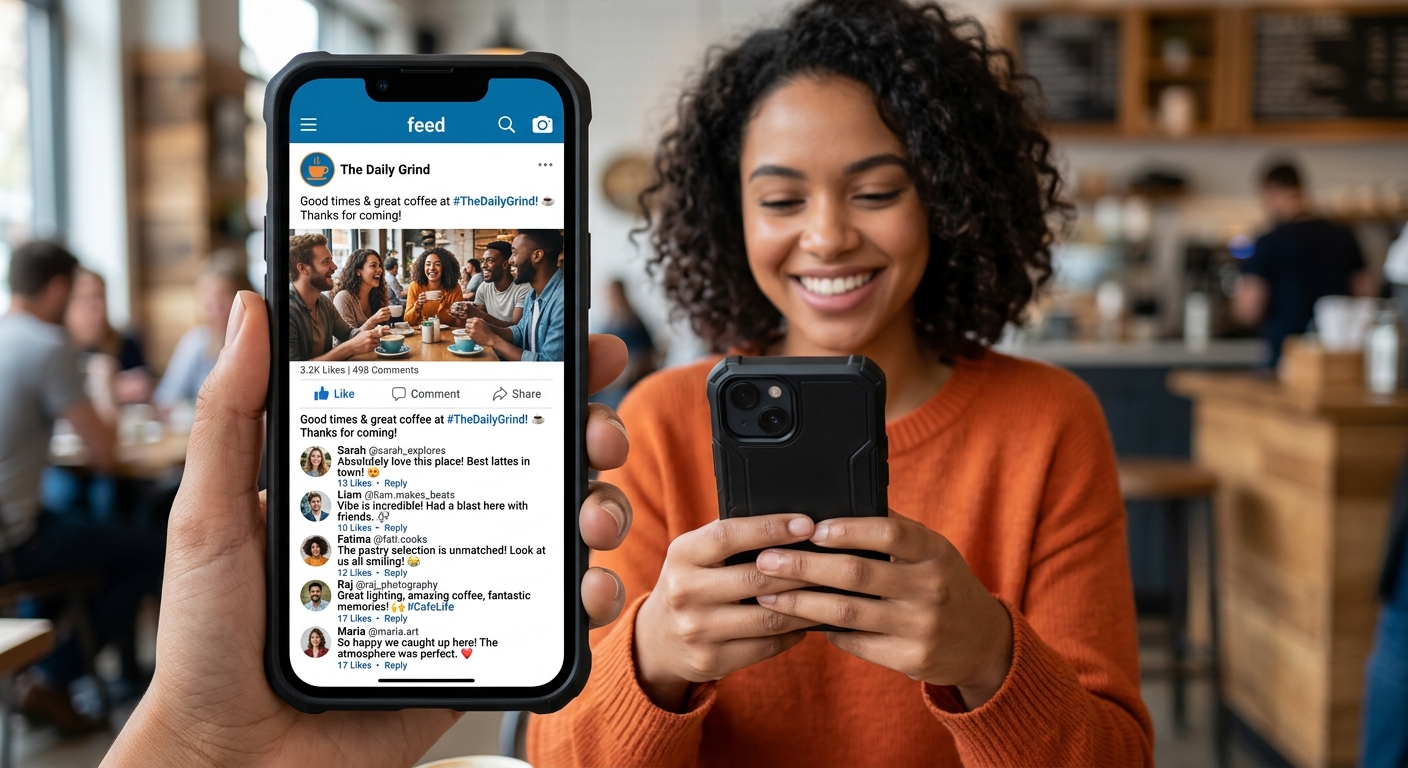 Grupo de clientes interagindo em uma rede social exibida na tela de um smartphone