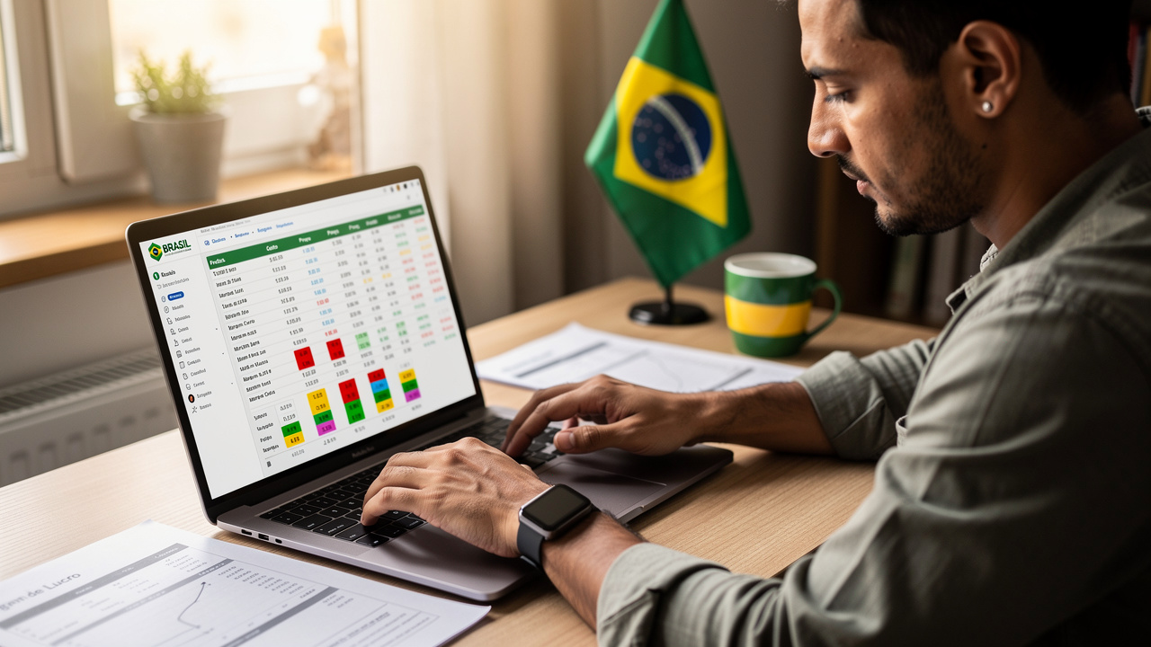 Lojista brasileiro analisando margens de lucro em planilhas de produtos no notebook