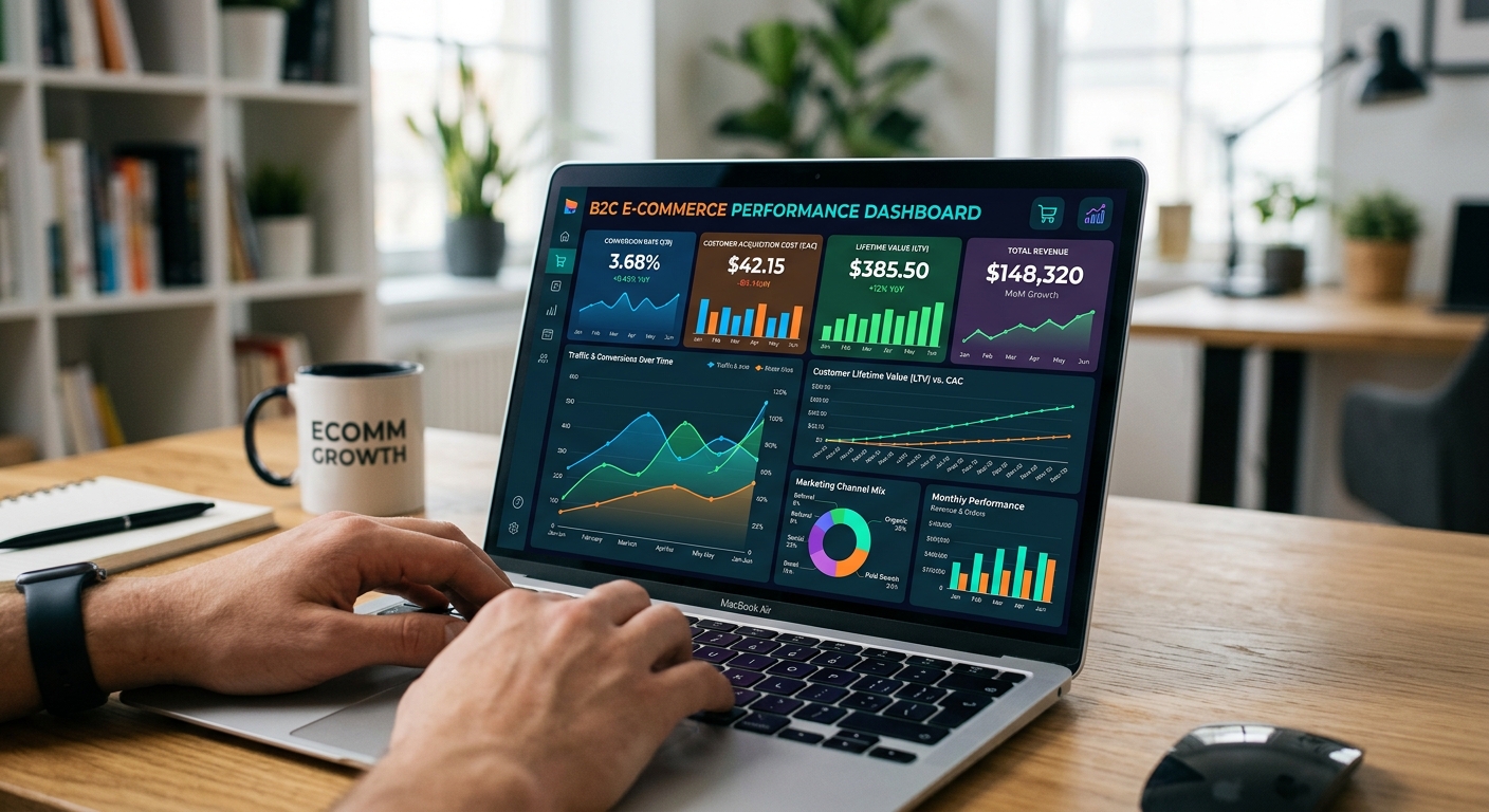 Painel digital exibindo métricas de e-commerce B2C como taxa de conversão e custo de aquisição