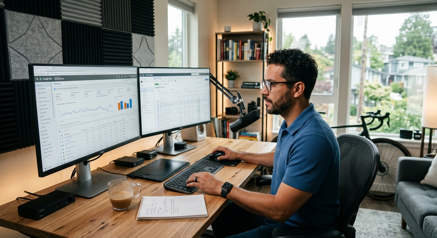 Profissional de marketing digital revisando relatórios de desempenho de anúncios em dois monitores