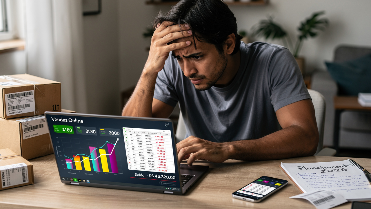 Empreendedor olhando gráfico de vendas crescendo enquanto planilha financeira mostra prejuízo