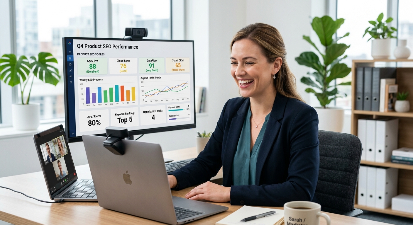 Profissional de marketing em videochamada sorrindo com um painel de SEO de produtos ao fundo