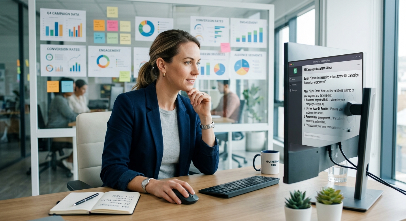 Profissional de marketing interagindo com interface de chat de IA em um computador