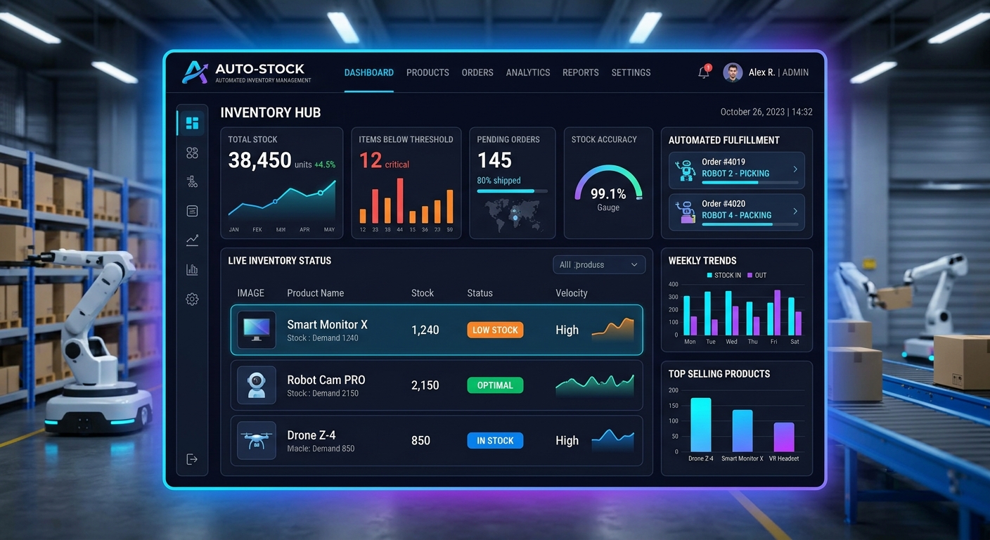 Tela de gerenciamento de estoque automatizado com gráficos e dados em um dashboard digital