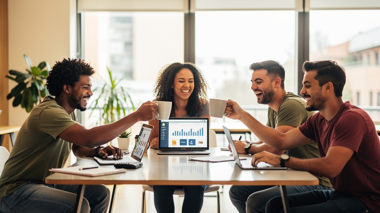 Equipe de e-commerce comemorando lançamento de produtos com laptops em espaço colaborativo