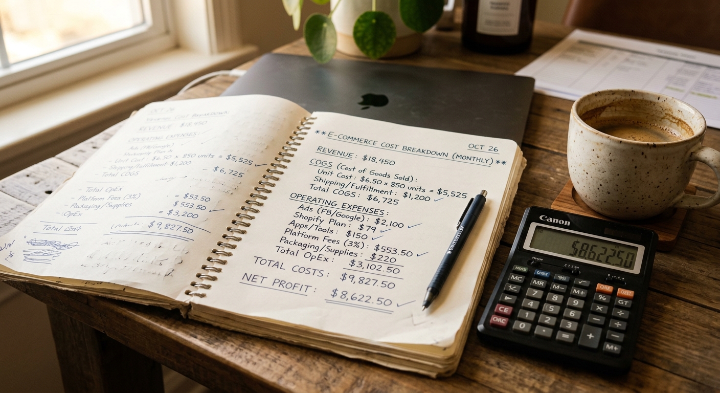 Caderno com anotações de custos do e-commerce ao lado de calculadora e xícara de café