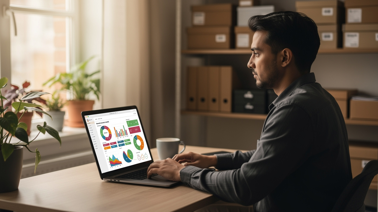 Lojista analisando gráficos de dados de produtos em seu notebook para tomar decisões estratégicas de negócio