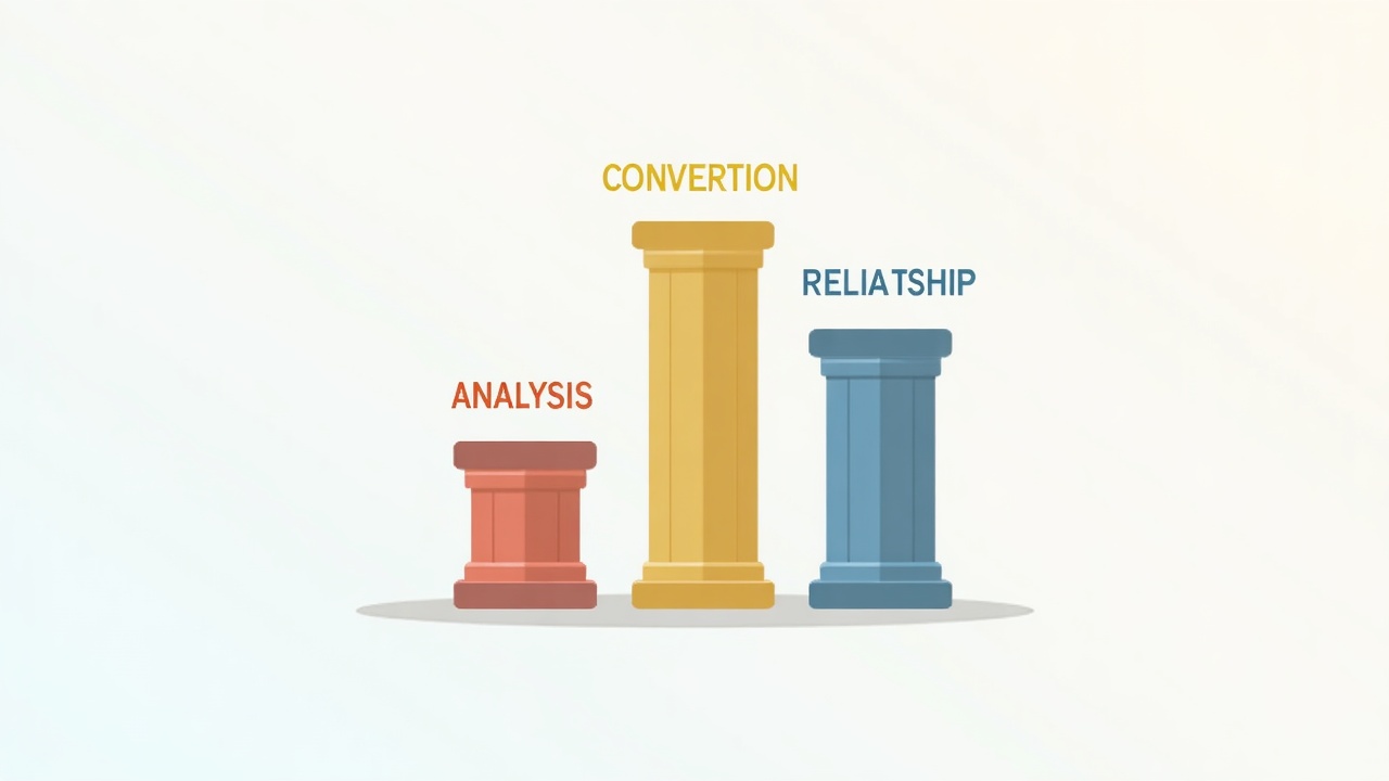 Diagrama com os quatro pilares do marketing digital mostrando a interconexão entre atração, conversão, relacionamento e análise.