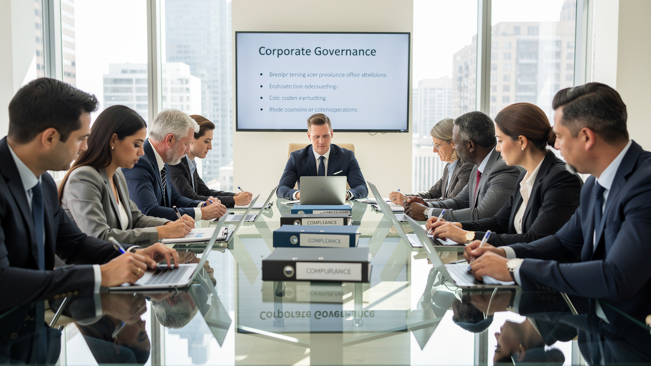 Grupo de profissionais reunidos em sala moderna discutindo governança corporativa com documentos