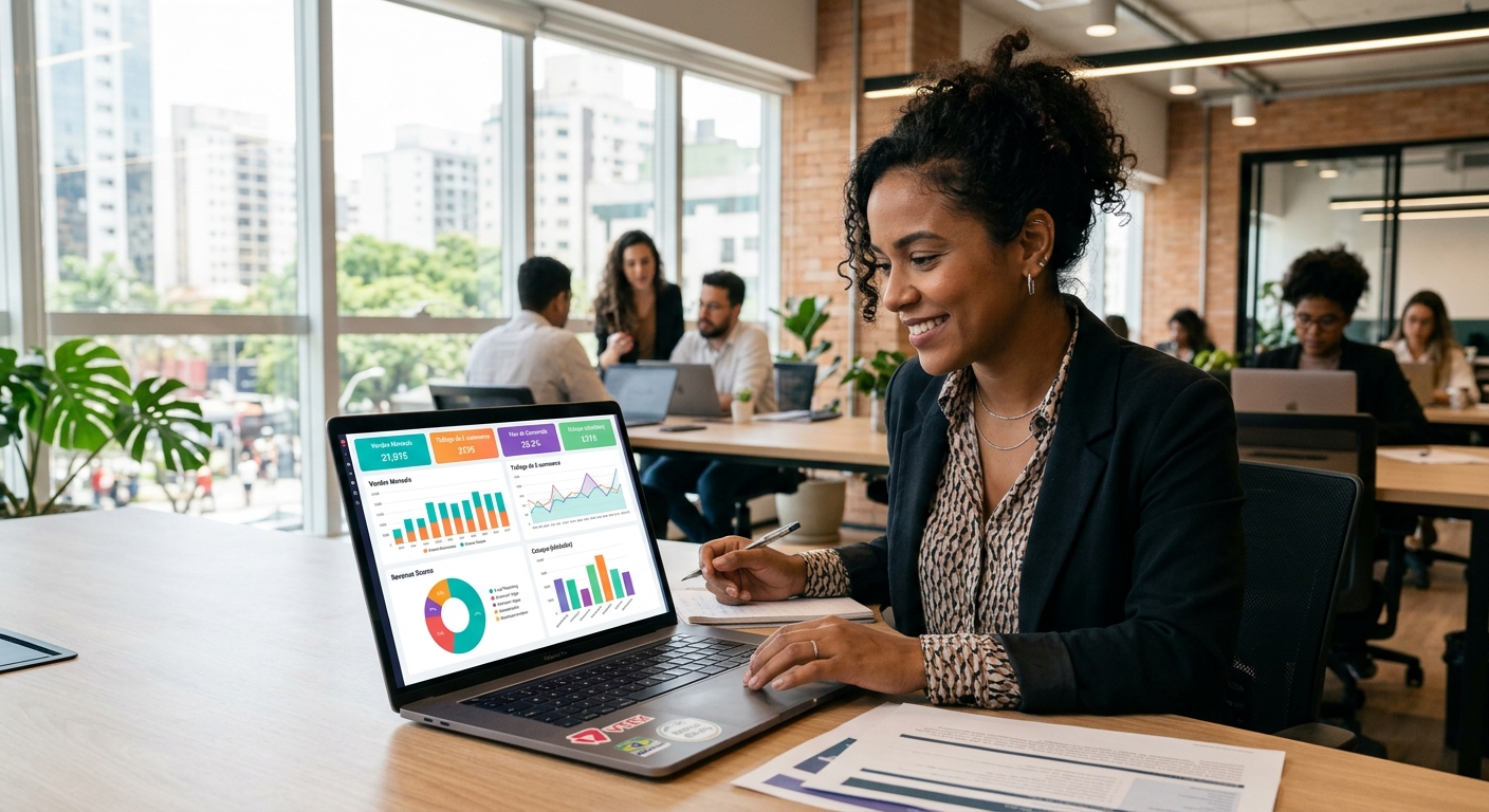 Gestor de e-commerce analisando painel de dados em laptop moderno em escritório iluminado