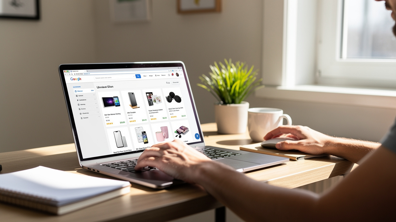 Freelancer trabalhando em laptop em home office organizando listagens de produtos para loja virtual