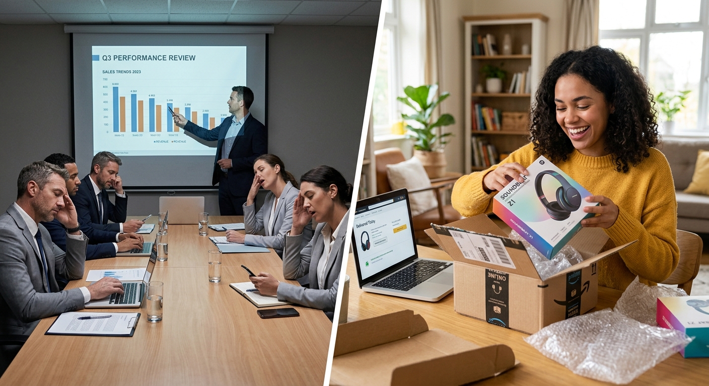 Comparativo entre uma reunião corporativa B2B e uma pessoa abrindo um pacote de e-commerce com alegria