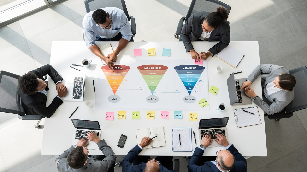 Equipe em reunião de planejamento estratégico com diagramas de funil impressos na mesa