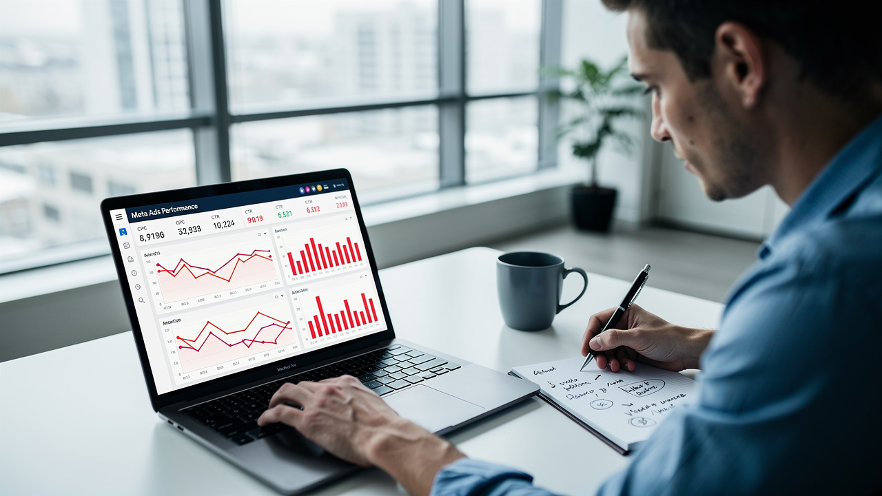 Profissional de marketing analisando painel do Meta Ads com gráficos de desempenho em queda