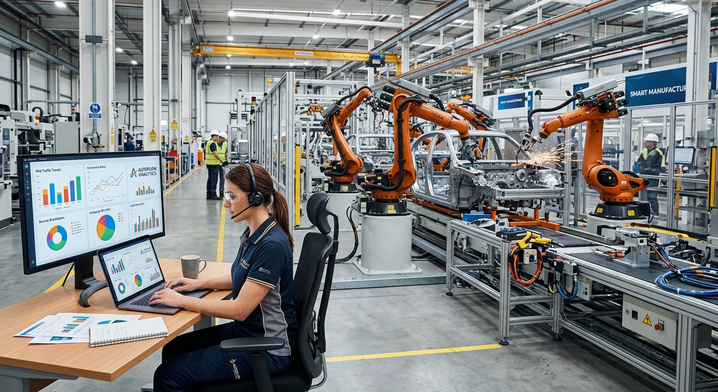 Linha de produção industrial moderna ao lado de um profissional analisando gráficos de marketing digital em um notebook