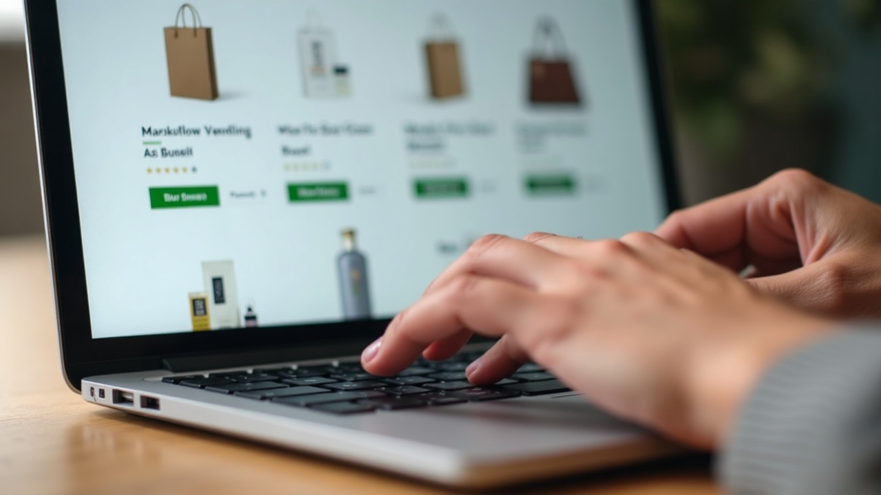 Mãos de uma pessoa digitando em um notebook com uma página de produto da Shopify aberta