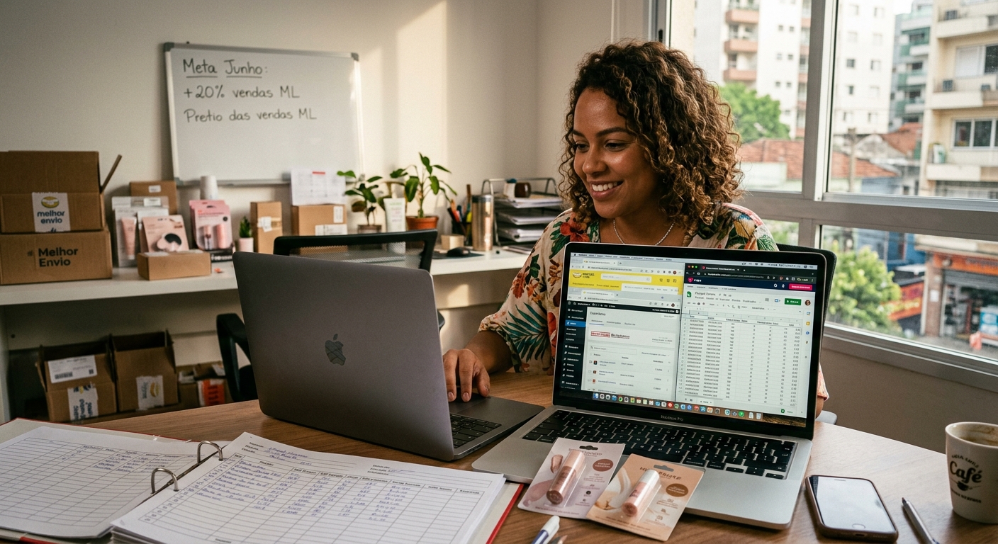 Lojista revisando múltiplos marketplaces e planilhas de produtos simultaneamente no computador