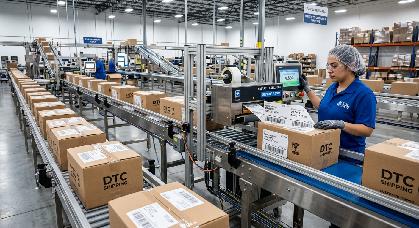 Linha de produção de uma indústria moderna embalando produtos para envio direto ao consumidor final.