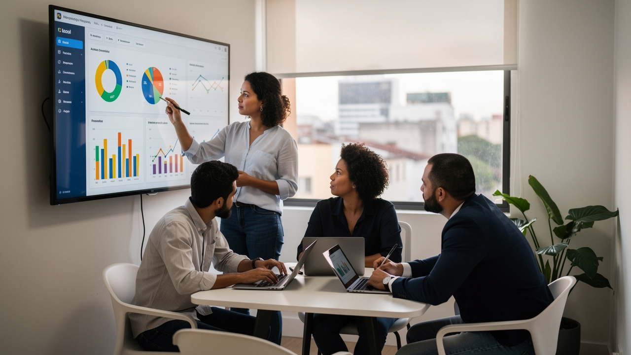 Equipe pequena analisando gráficos de dados em tela em escritório moderno no Brasil