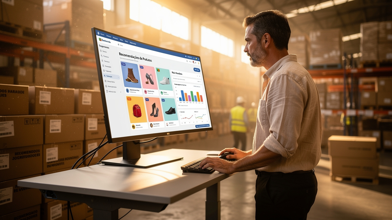 Gestor de e-commerce analisando recomendações geradas por IA em monitor de armazém