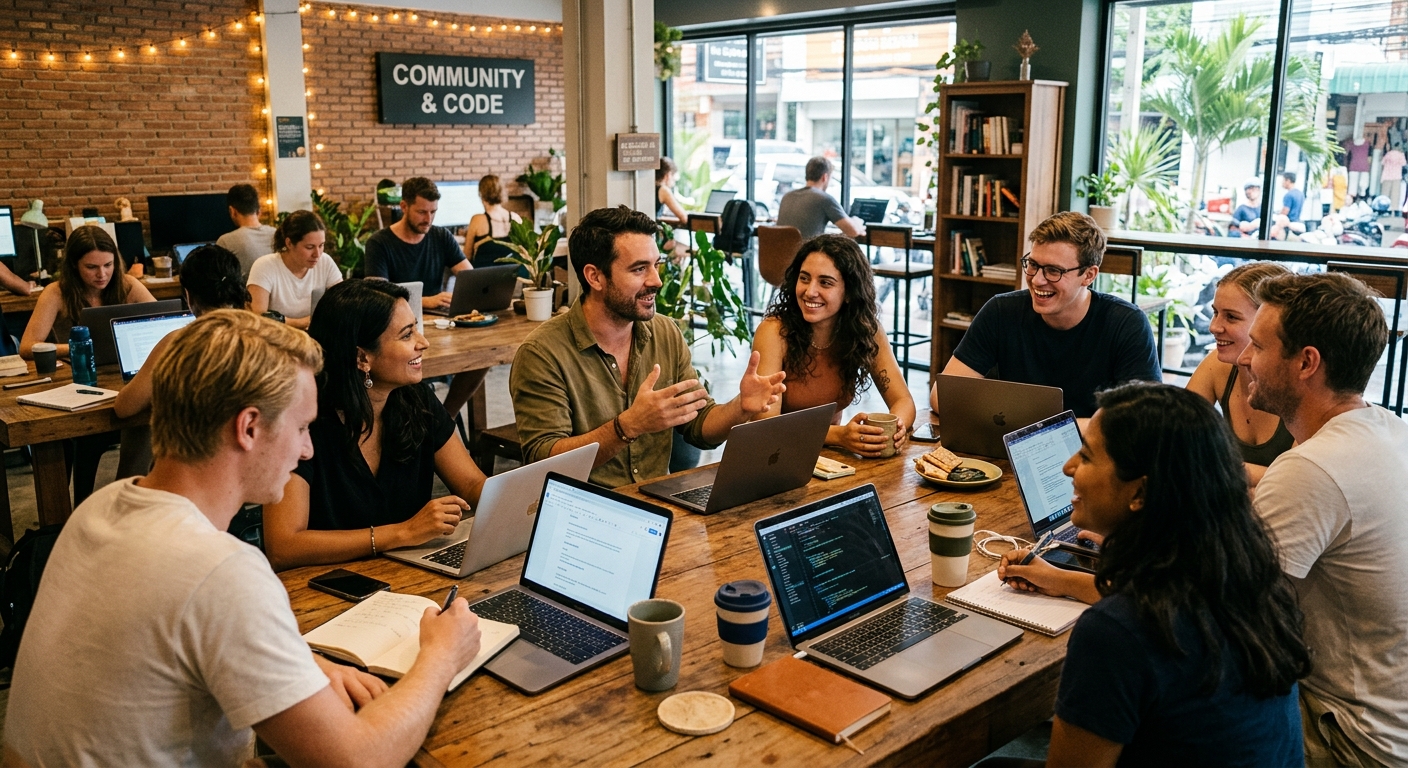 Grupo de nômades digitais compartilhando experiências em um espaço de trabalho colaborativo.