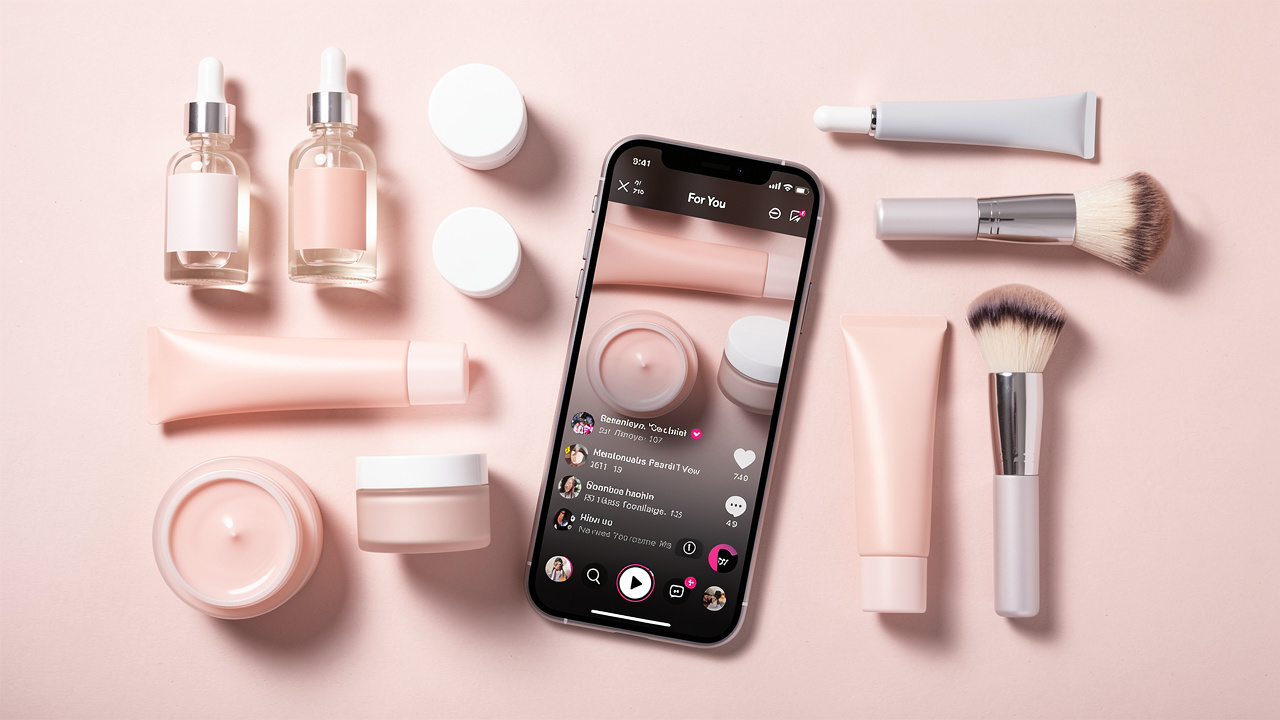 Produtos de beleza e skincare dispostos ao lado de celular com interface do TikTok