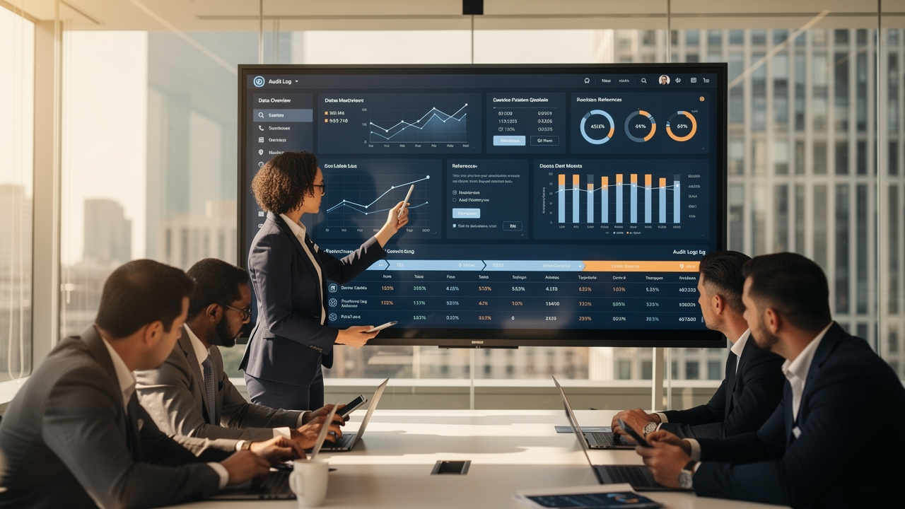 Equipe diversa analisando painel digital centralizado com registros de auditoria em escritório moderno