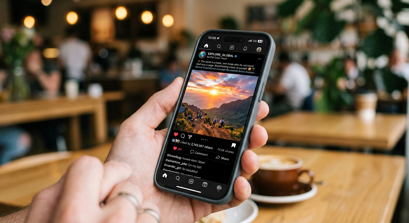 Tela de celular mostrando uma postagem em rede social com alto engajamento, muitas curtidas e compartilhamentos