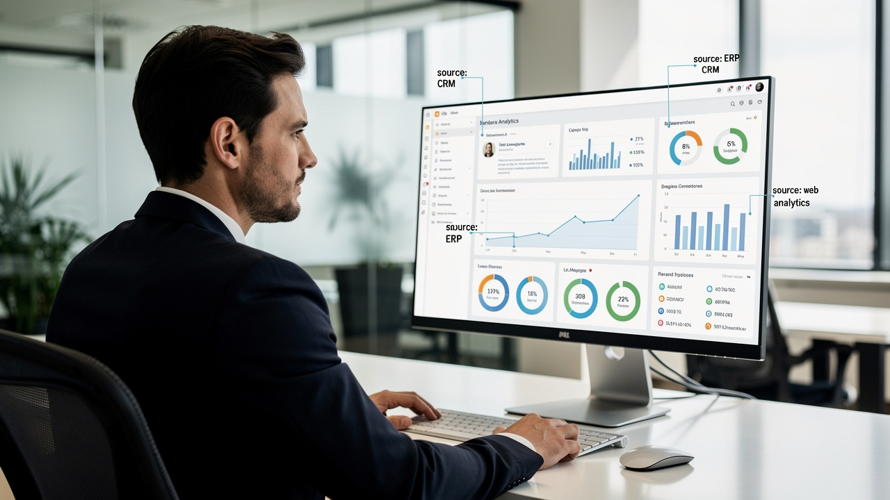 Gestor analisando painel digital com fontes de dados rastreáveis em escritório moderno