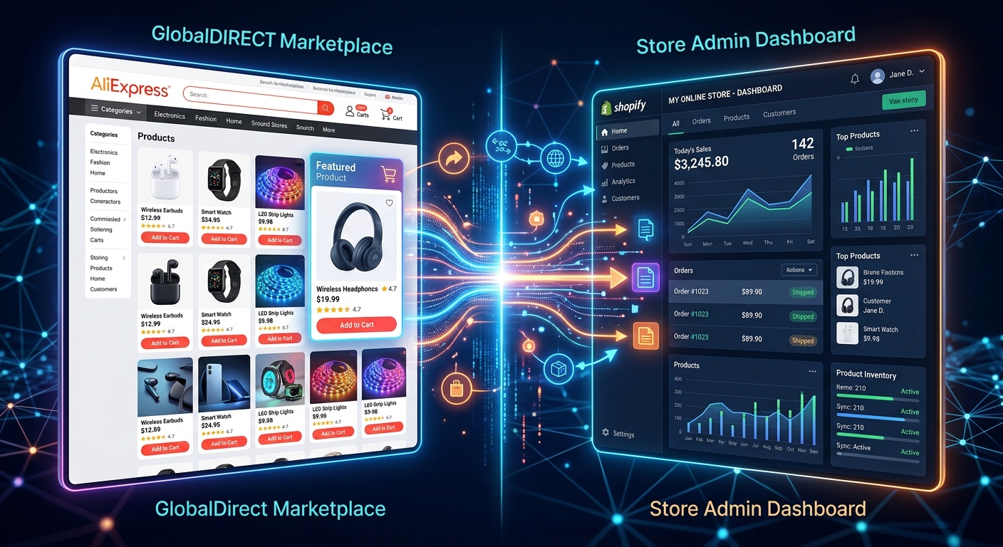 Tela dividida mostrando produtos do AliExpress sendo importados para um painel de e-commerce da Shopify.