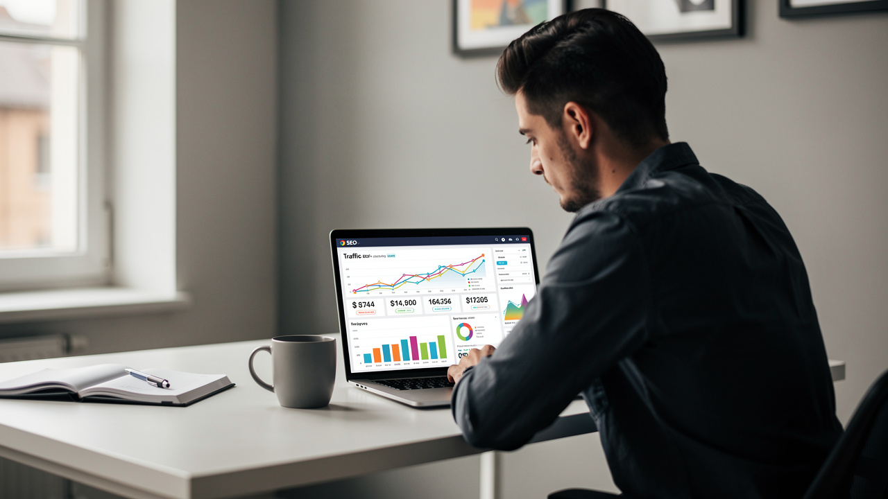 Criador de conteúdo analisando métricas de SEO em dashboard no computador