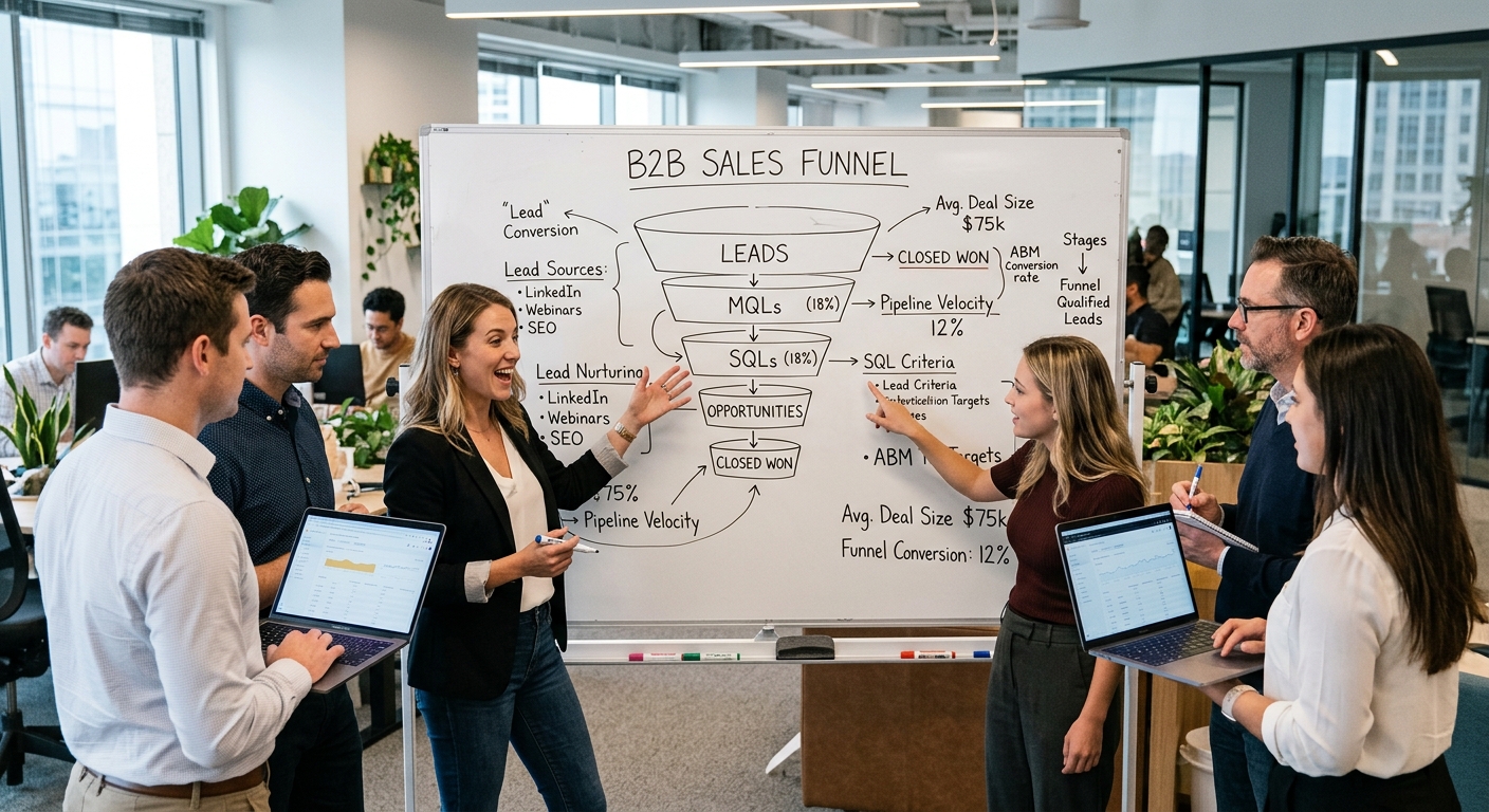 Equipe de marketing analisando um funil de vendas B2B em um quadro branco de escritório.