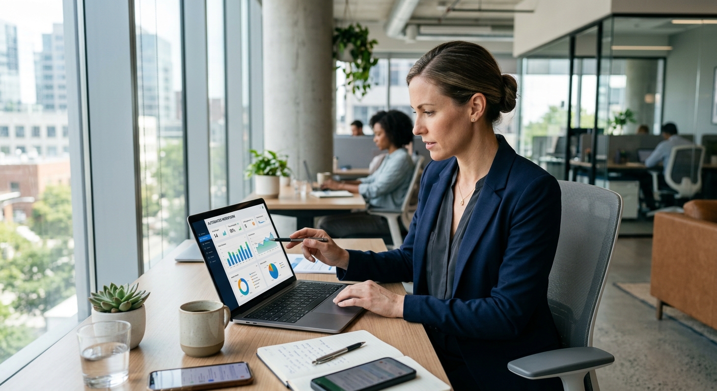 Empresário analisando painel de fluxos automáticos em laptop em escritório moderno