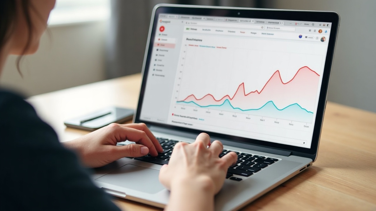 Pessoa digitando em um laptop com um gráfico do Google Trends mostrando um termo de busca na tela