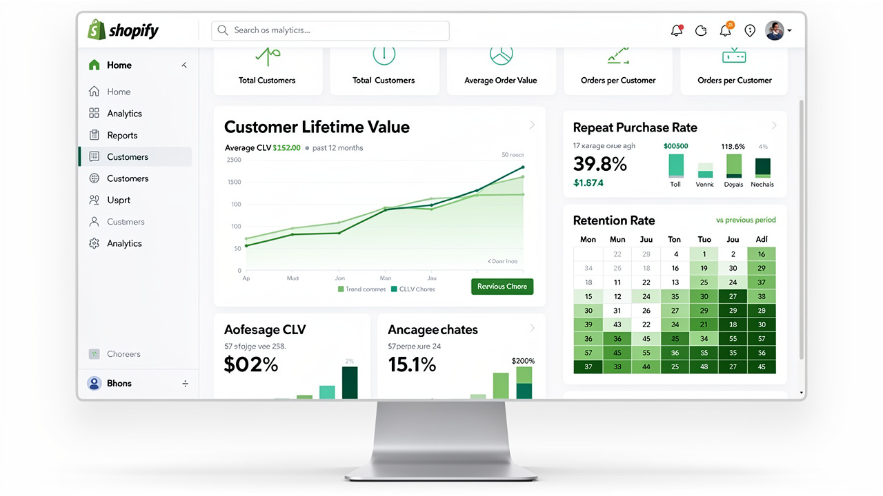 Dashboard com métricas de LTV, taxas de recompra e retenção de clientes monitoradas em tempo real