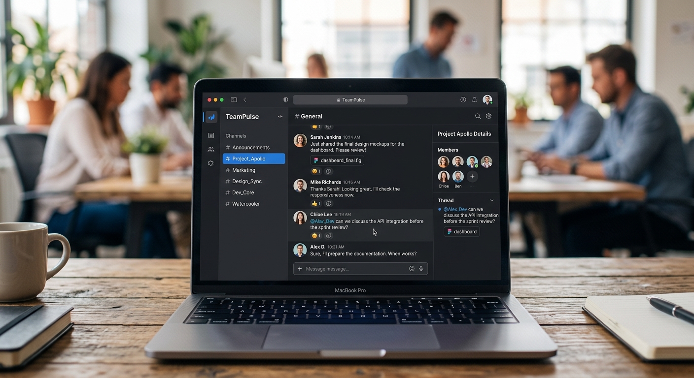 Tela de notebook mostrando um aplicativo de chat para negócios com conversas de projetos