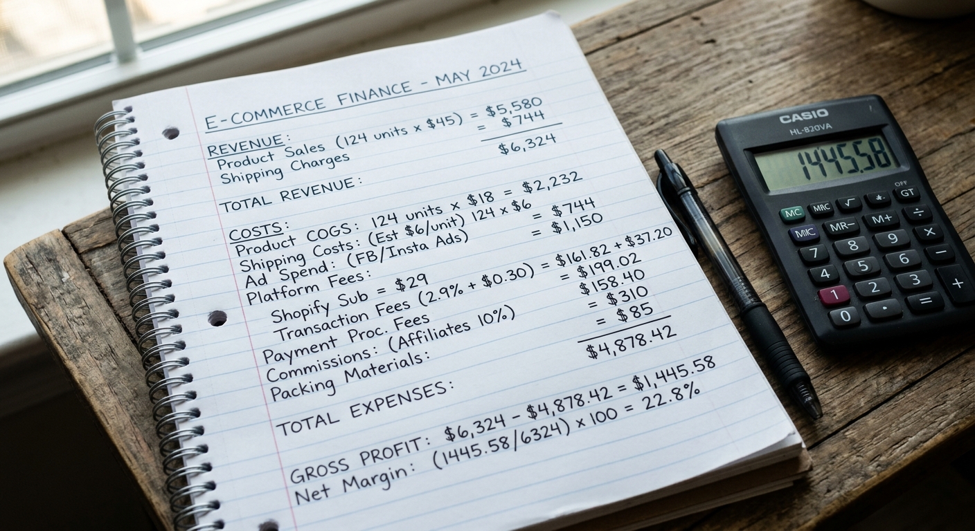 Caderno com cálculos financeiros de e-commerce mostrando custos de frete anúncios e comissões ao lado de calculadora