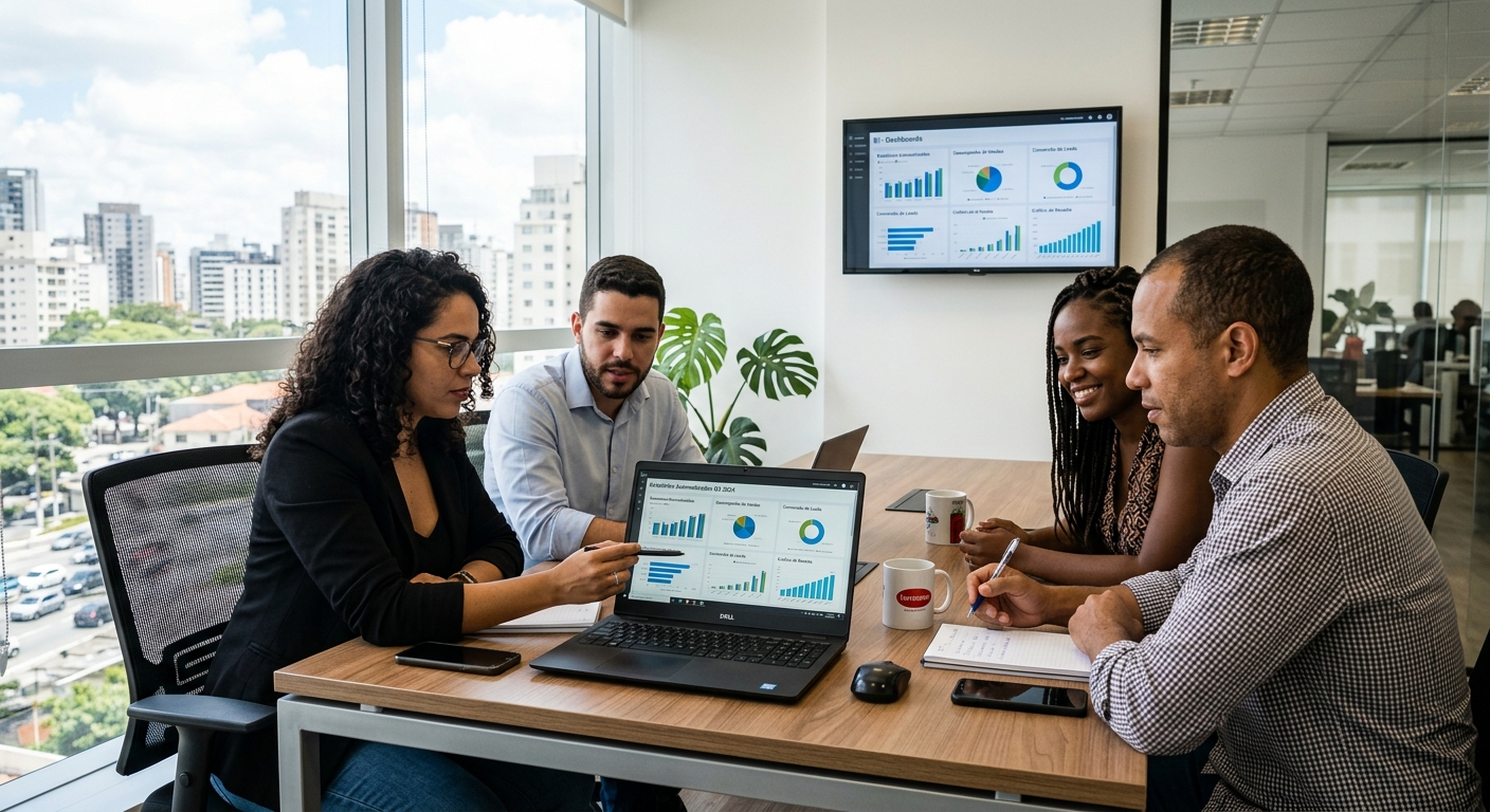 Pequena equipe brasileira revisando relatórios automáticos em laptop em sala iluminada