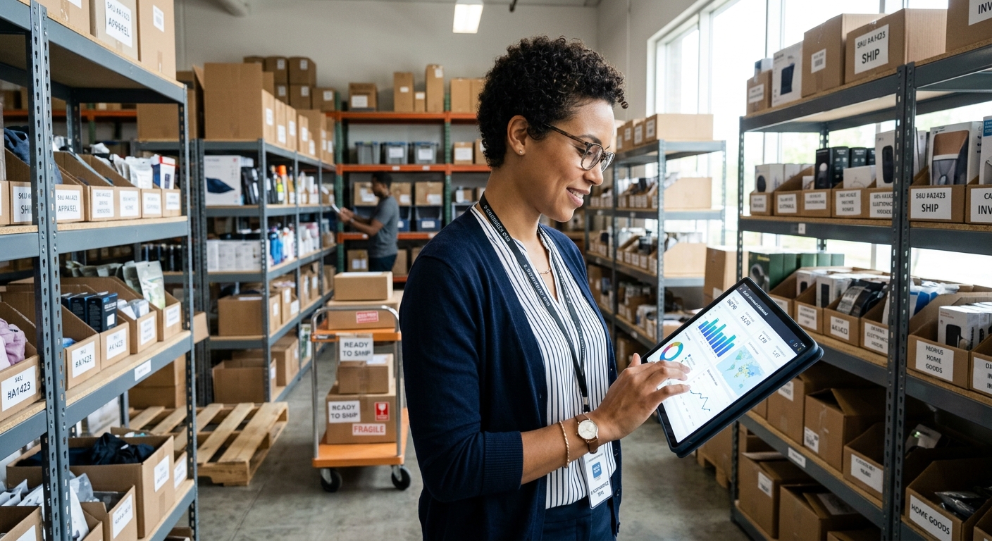 Gestor de e-commerce analisando um painel de dados de vendas em um tablet em um escritório